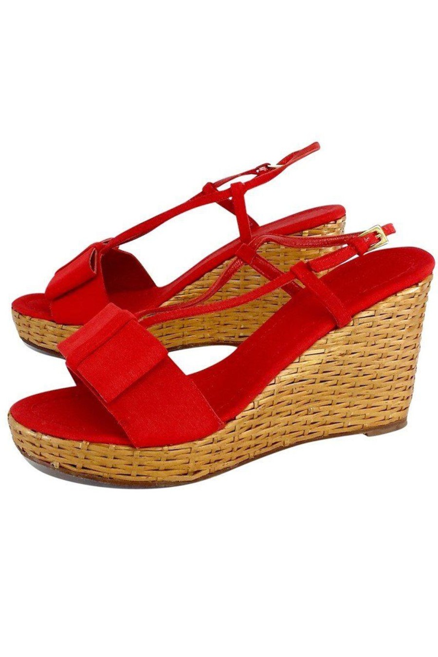 Shoes Kate Spade | Kate Spade - Red Canvas Bow & Woven Straw Wedges Sz 10