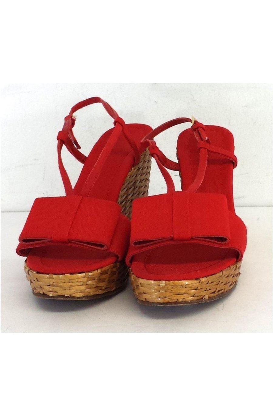 Shoes Kate Spade | Kate Spade - Red Canvas Bow & Woven Straw Wedges Sz 10