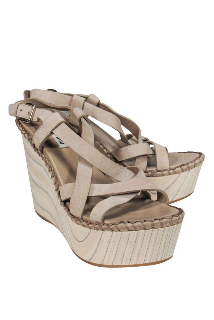 Shoes Miu Miu | Miu Miu - Taupe Grey Wood Wedge Sandals Sz 8