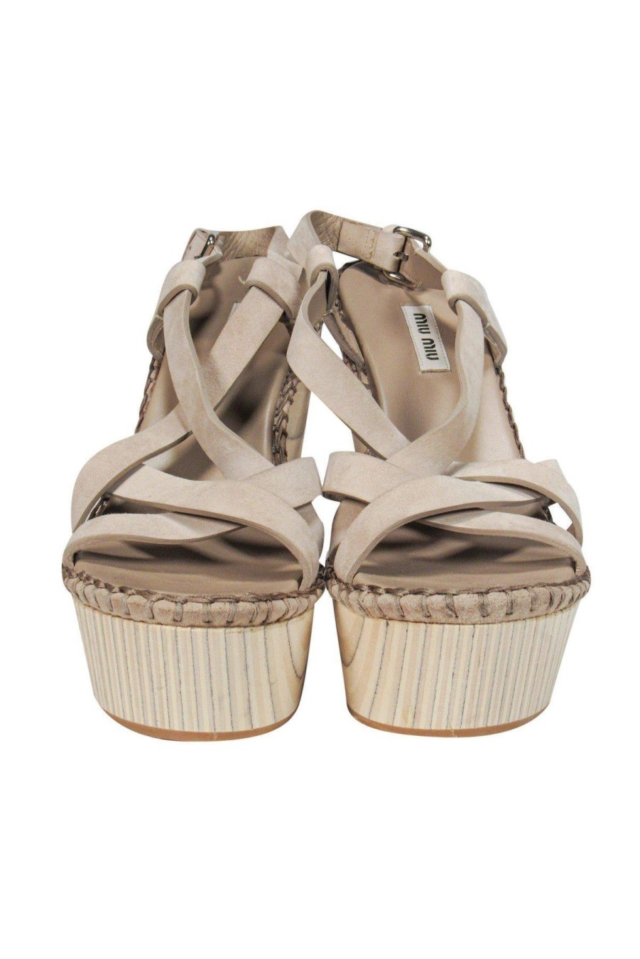 Shoes Miu Miu | Miu Miu - Taupe Grey Wood Wedge Sandals Sz 8