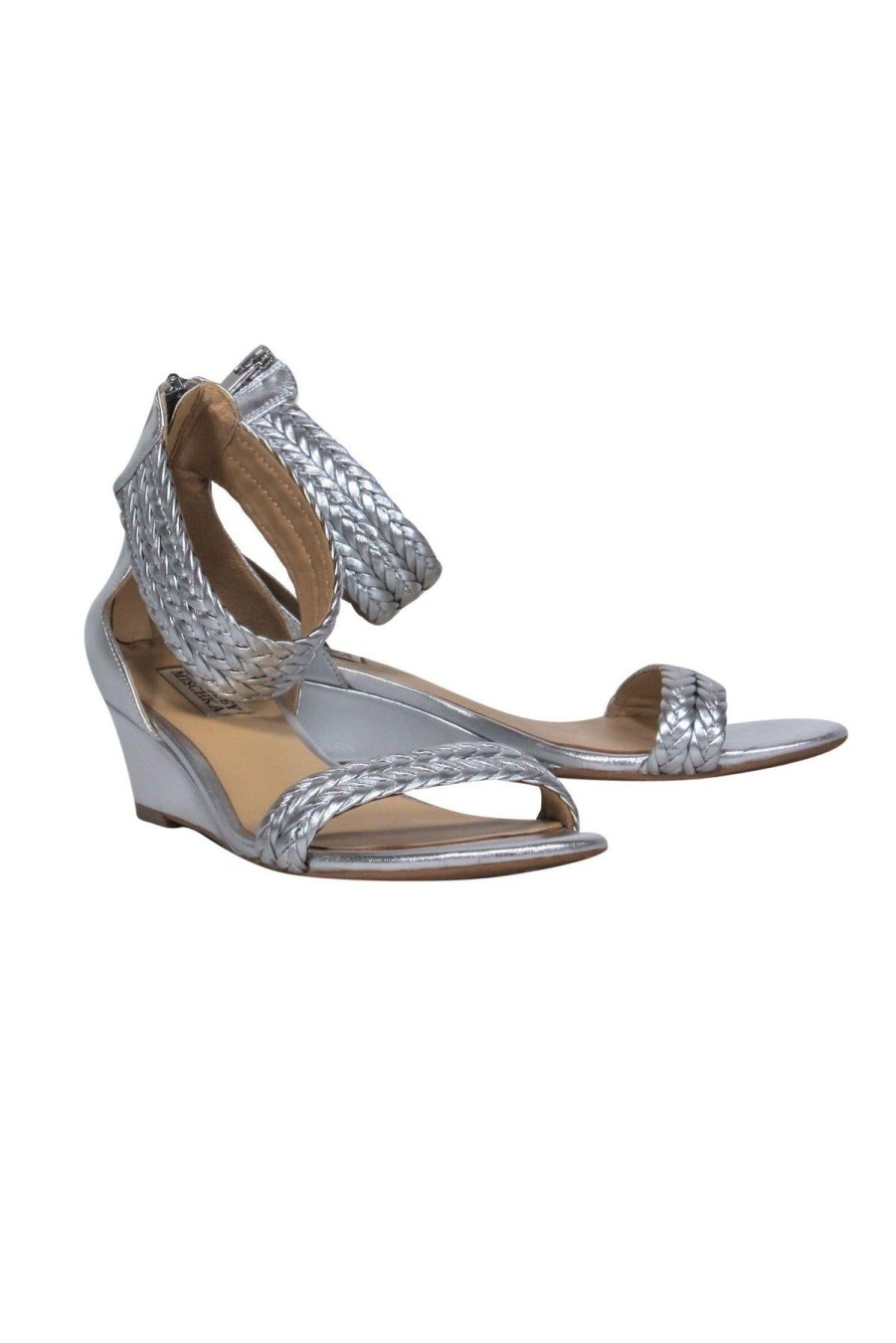 Shoes Badgley Mischka | Badgley Mischka - Silver Braided Leather Wedge Sandals Sz 8.5