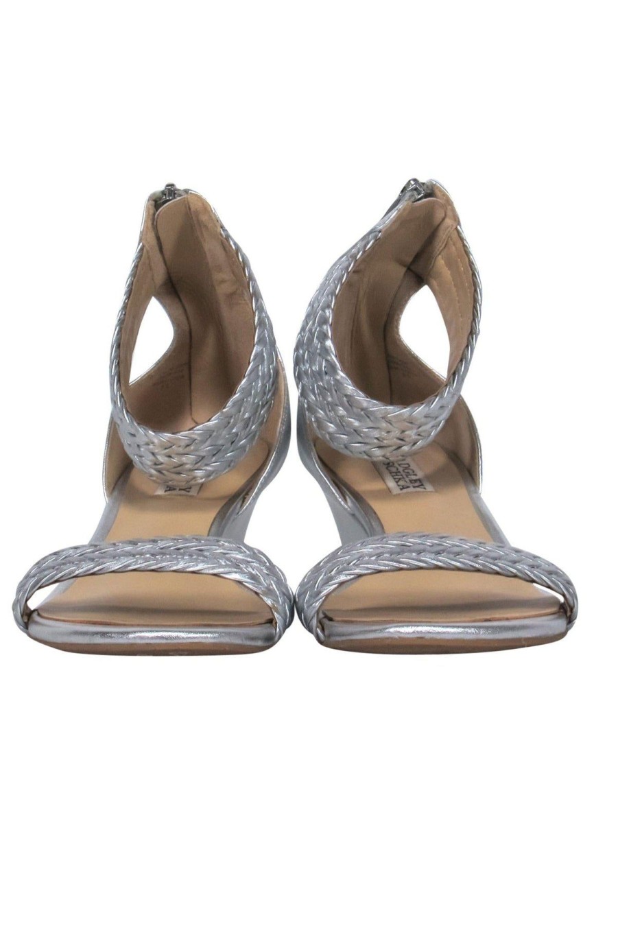 Shoes Badgley Mischka | Badgley Mischka - Silver Braided Leather Wedge Sandals Sz 8.5