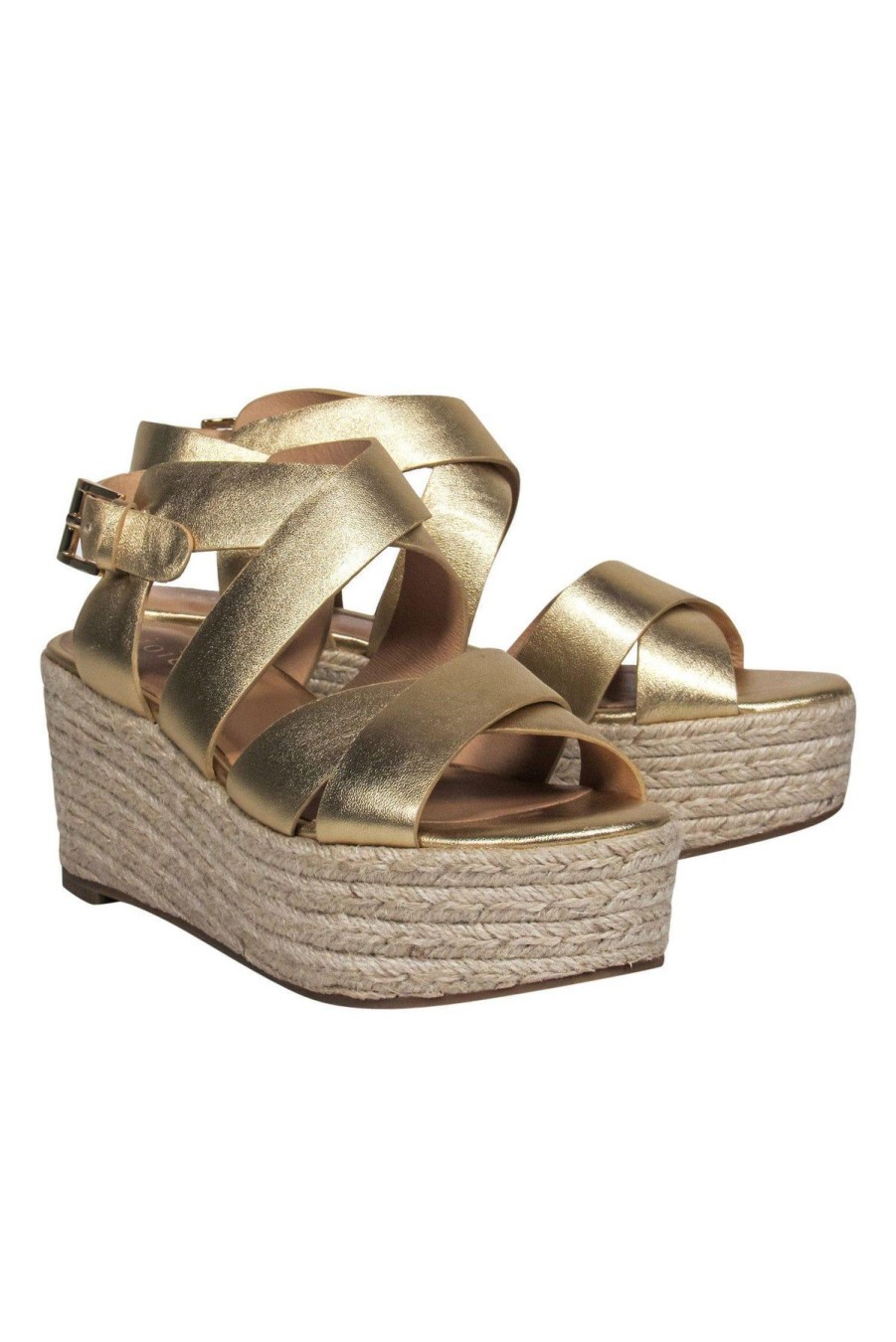 Shoes Joie | Joie - Gold Strappy Woven Platform Wedges Sz 9