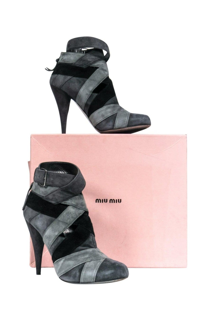 Shoes Miu Miu | Miu Miu - Black & Grey Suede Bootie Heels Sz 7