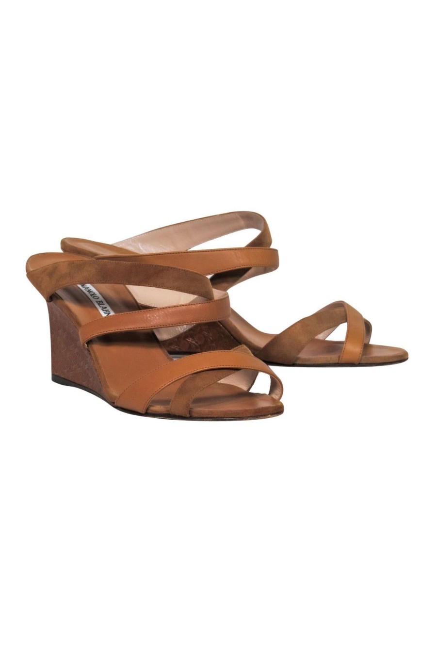 Shoes Manolo Blahnik | Manolo Blahnik - Tan Leather & Suede Strappy Wedges W/ Bronze Printed Wedge Sz 8.5