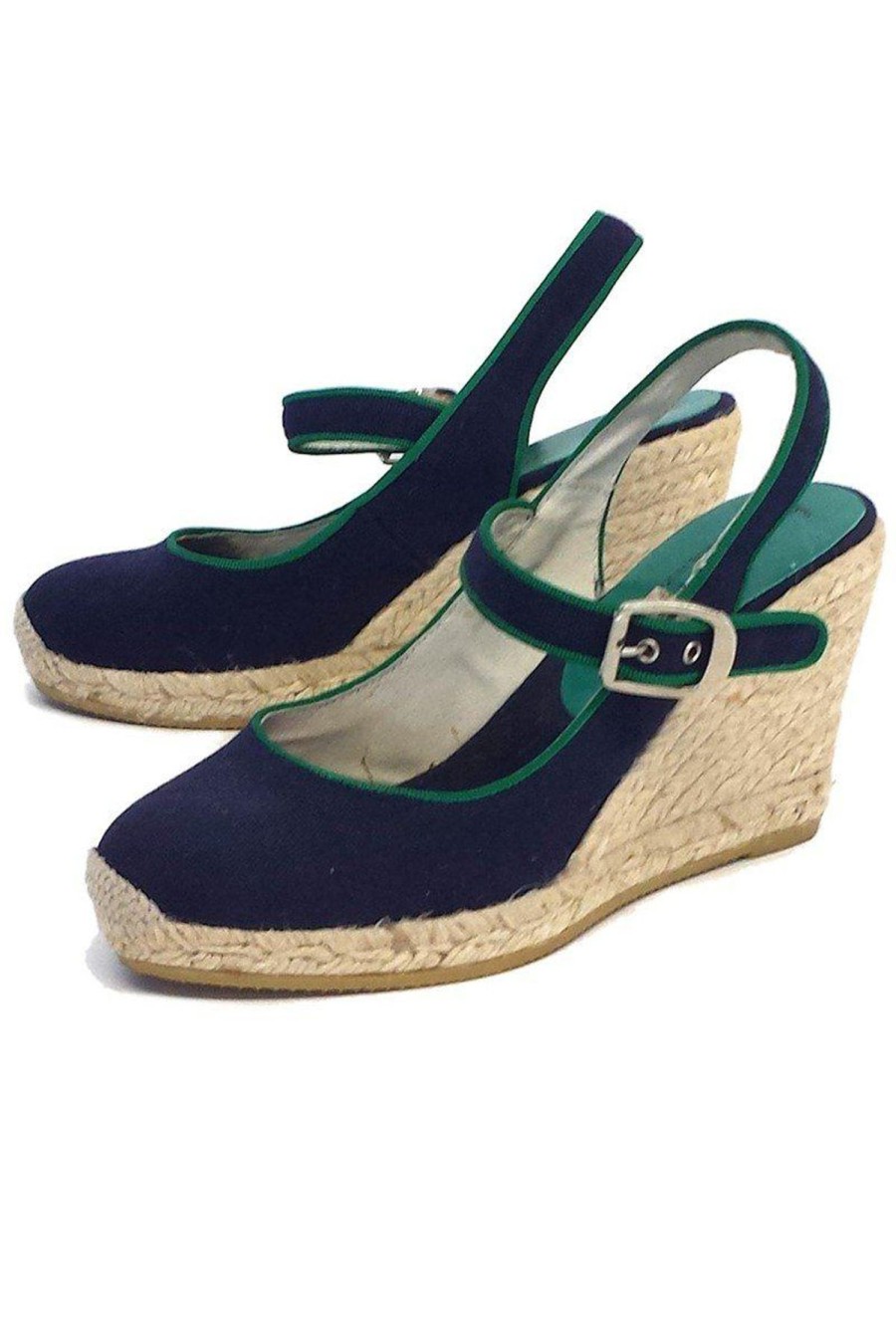 Shoes Bettye Muller | Bettye Muller - Navy & Green Canvas Espadrille Wedges Sz 6