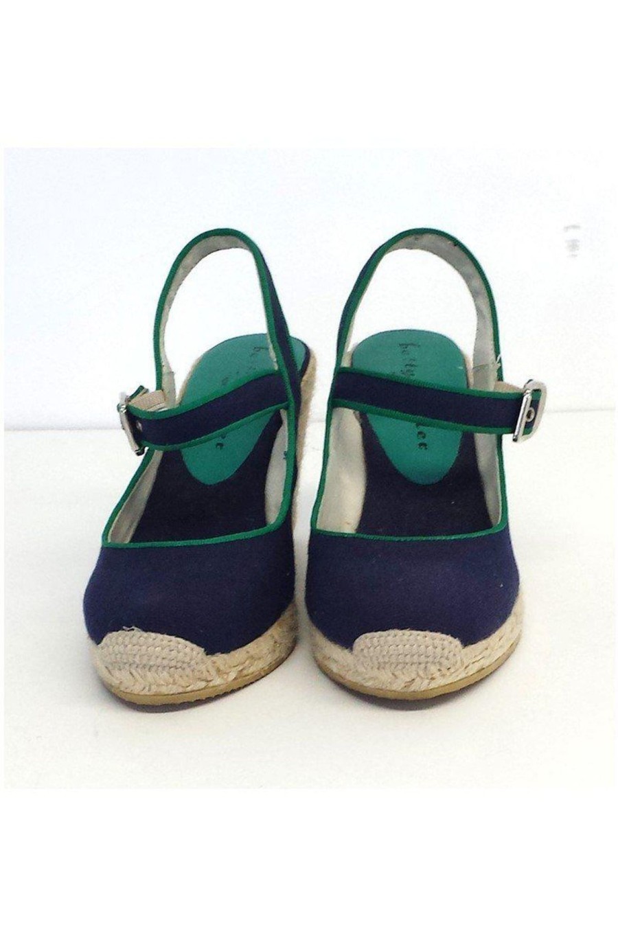 Shoes Bettye Muller | Bettye Muller - Navy & Green Canvas Espadrille Wedges Sz 6