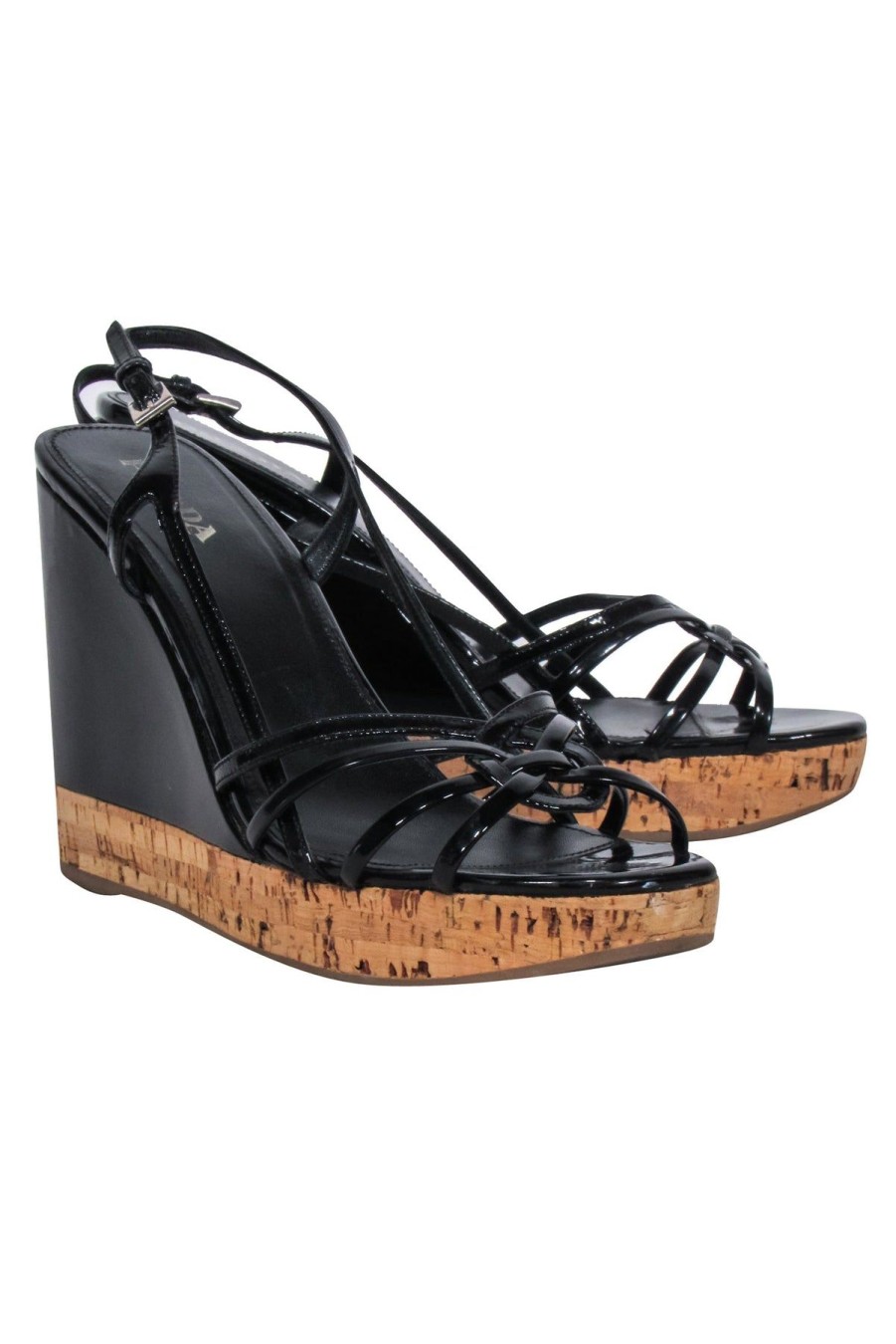 Shoes Prada | Prada - Black Patent Leather Wedges W/Cork Platform Sz 10.5