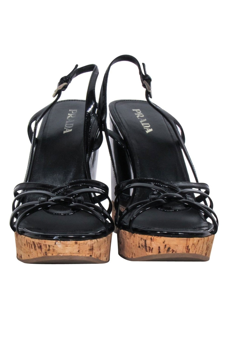 Shoes Prada | Prada - Black Patent Leather Wedges W/Cork Platform Sz 10.5