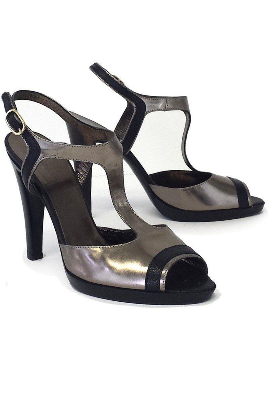 Shoes Max Mara | Max Mara - Pewter Metallic Leather T-Strap Heels Sz 9