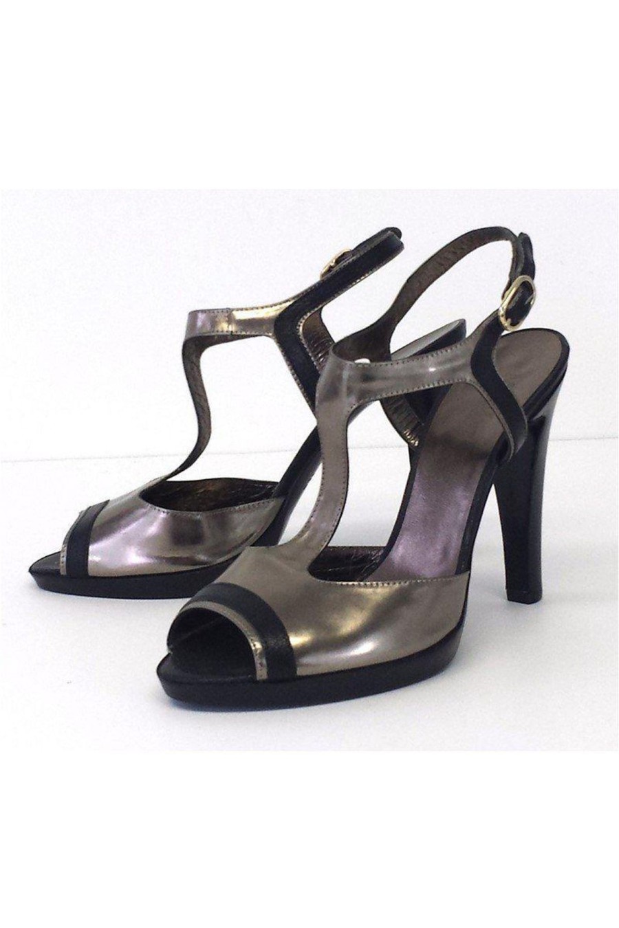 Shoes Max Mara | Max Mara - Pewter Metallic Leather T-Strap Heels Sz 9