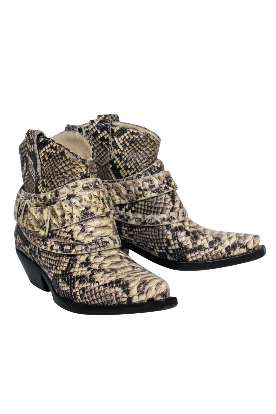 Shoes Zimmermann | Zimmermann - Beige Snakeskin Embossed Studded Western-Style Booties Sz 6.5