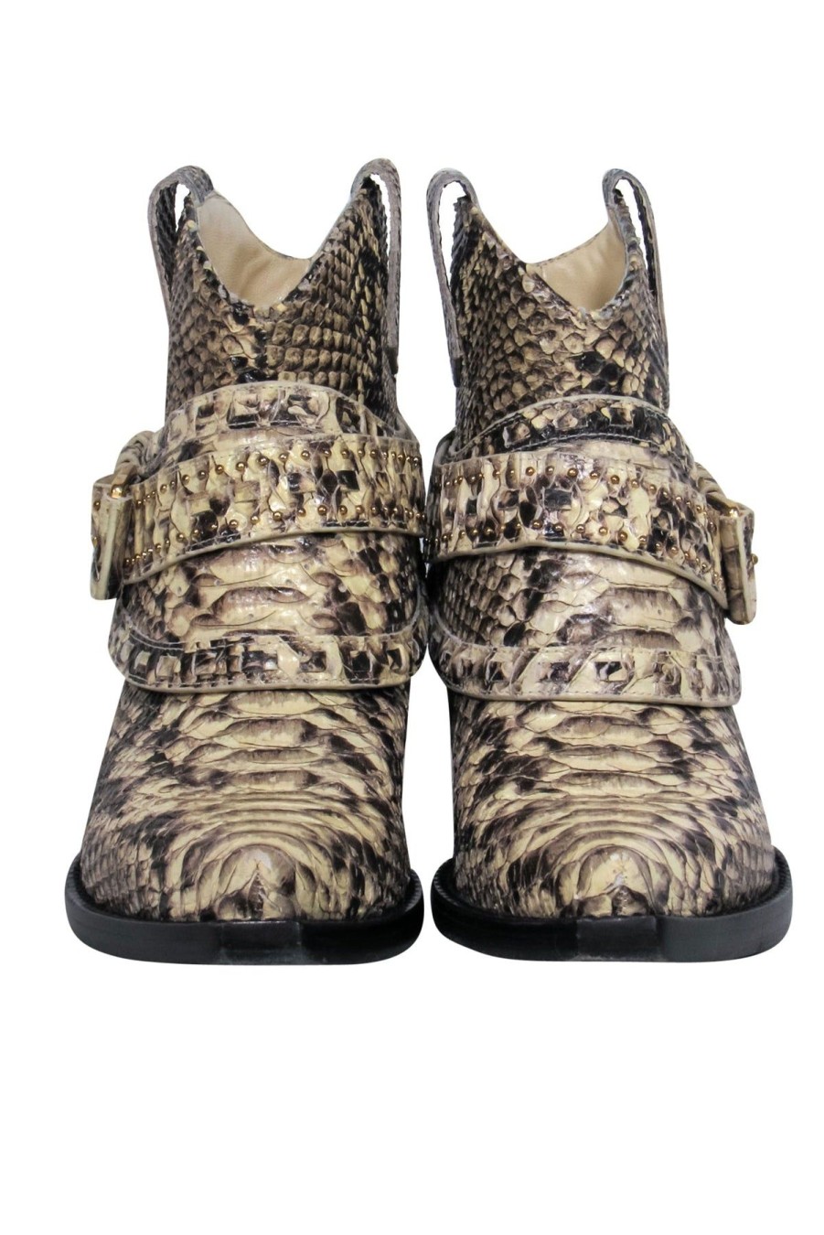 Shoes Zimmermann | Zimmermann - Beige Snakeskin Embossed Studded Western-Style Booties Sz 6.5